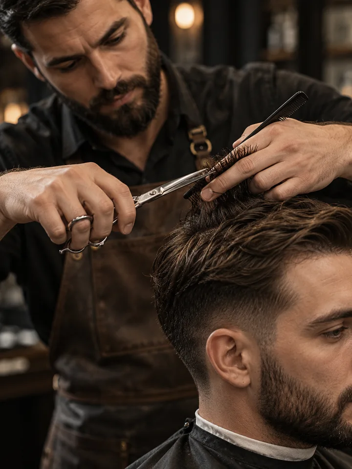 Manos de un barbero trabajando con tijeras sobre el cabello de un cliente.