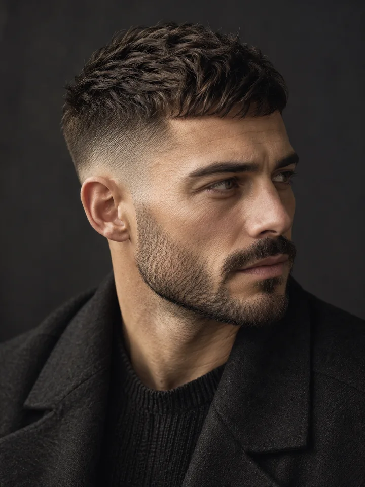 Retrato masculino con corte textured crop y taper fade.