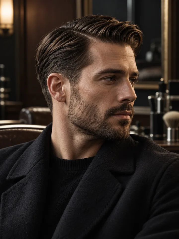 Retrato masculino con un corte clásico peinado de lado.
