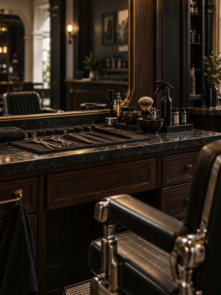 Estación de barbería con espejo y herramientas organizadas sobre madera.